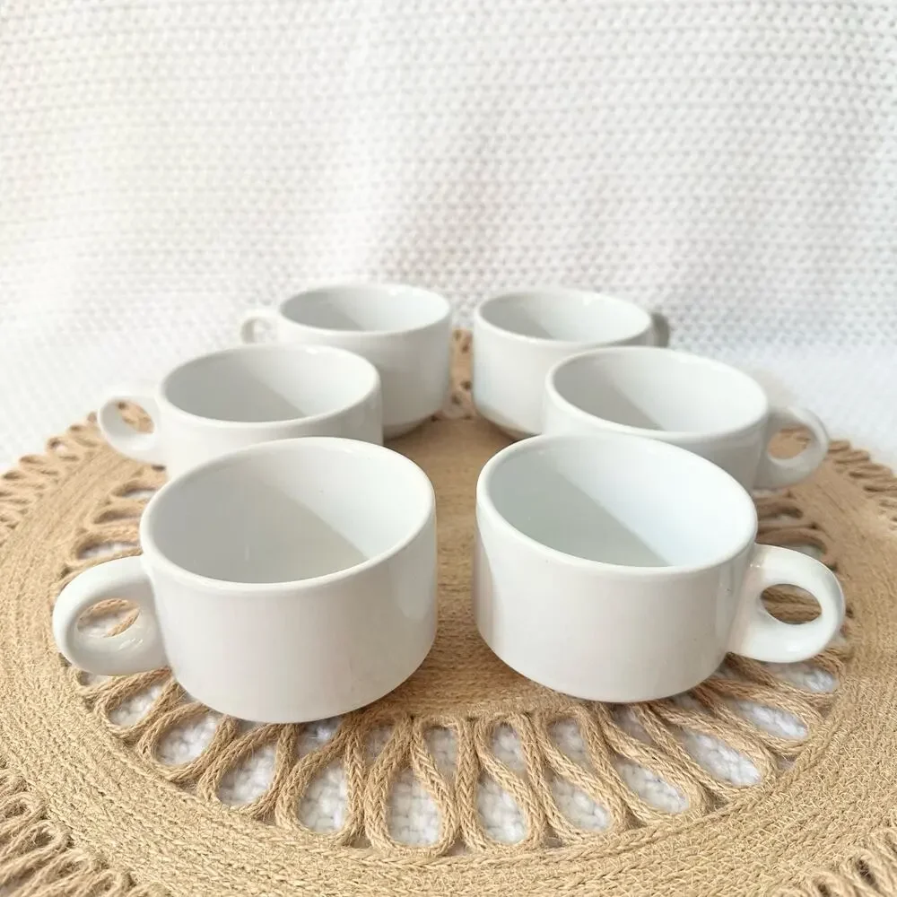 Pier 1 Solid White Stackable Stoneware Coffee Espresso 6 Piece Set Silver Rack